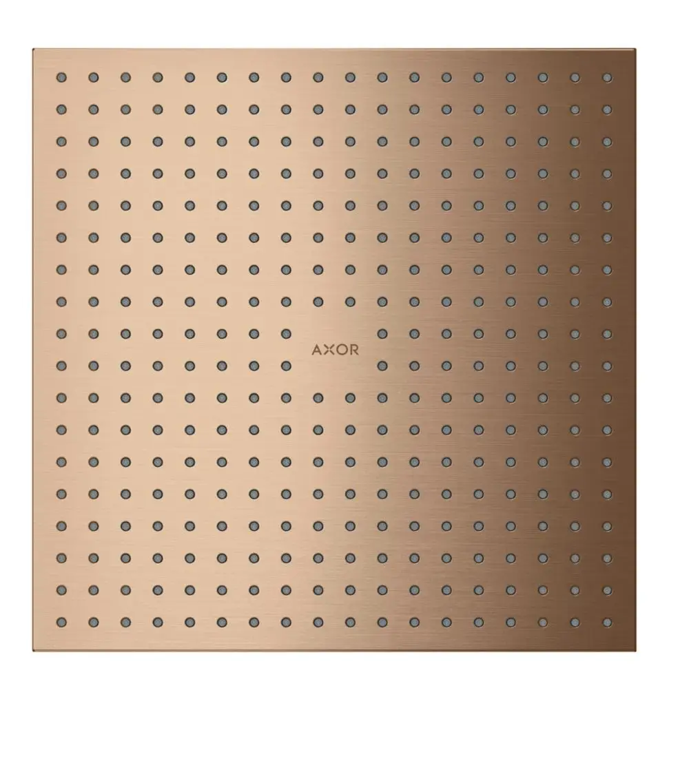 Kopfbrause in runder Form mit perforierter Oberfläche und gleichmäßiger Lochanordnung, gefertigt von AXOR in gebürstetem Rotgold-Finish.